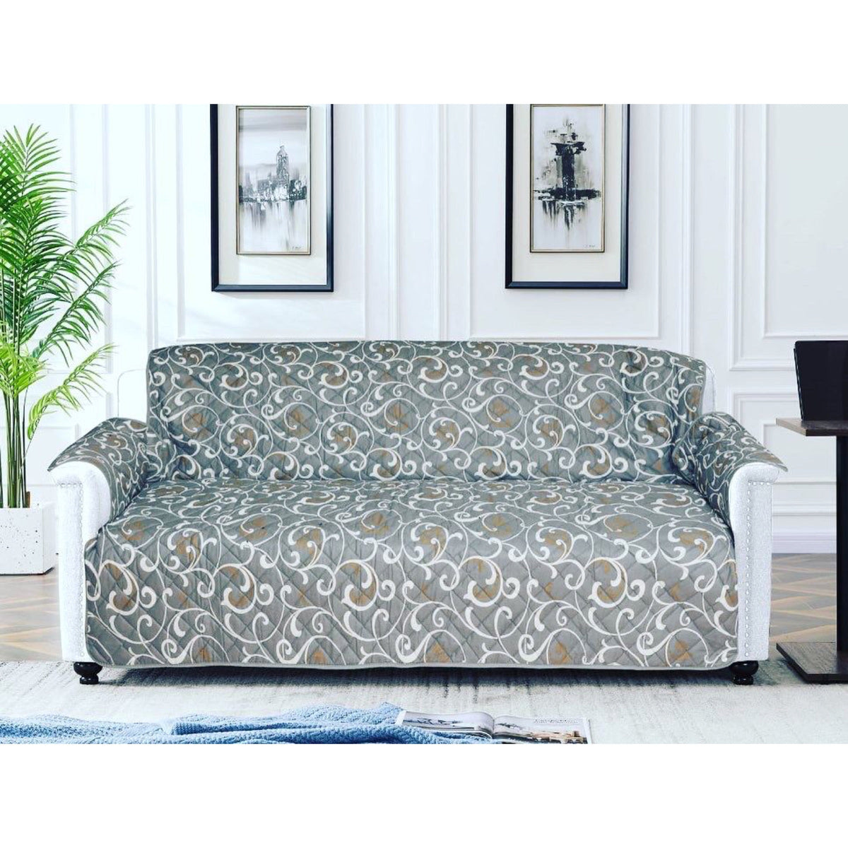 COTTON PRINTED SOFA RUNNER - SOFA COAT (Grey Printed)