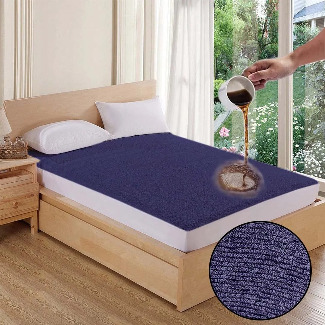 Terry Cotton Waterproof Mattress Protector Navy Blue Color Fitted Style