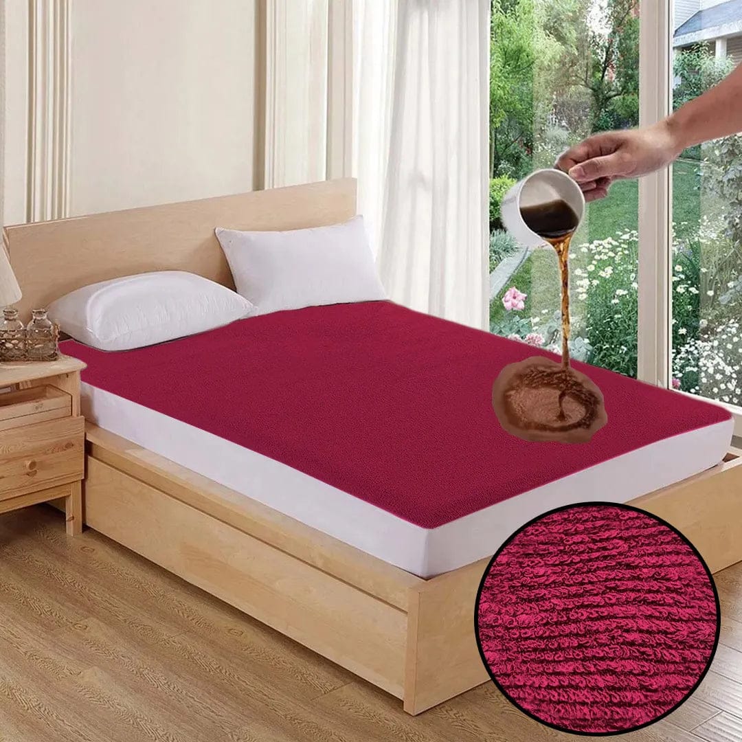 Terry Cotton Waterproof Mattress Protector Maroon Color Fitted Style